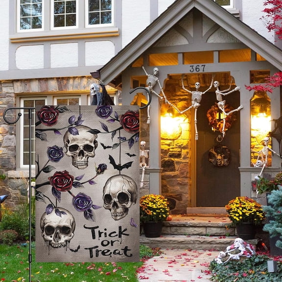 Gyryp Trick Or Treat Halloween Garden Flag 12x18 Double Sided Burlap Spooky Skull Rose Rustic Farmhouse Decor Halloween Bat Yard Flags for Seasonal Holiday Decoration(ONLY FLAG)