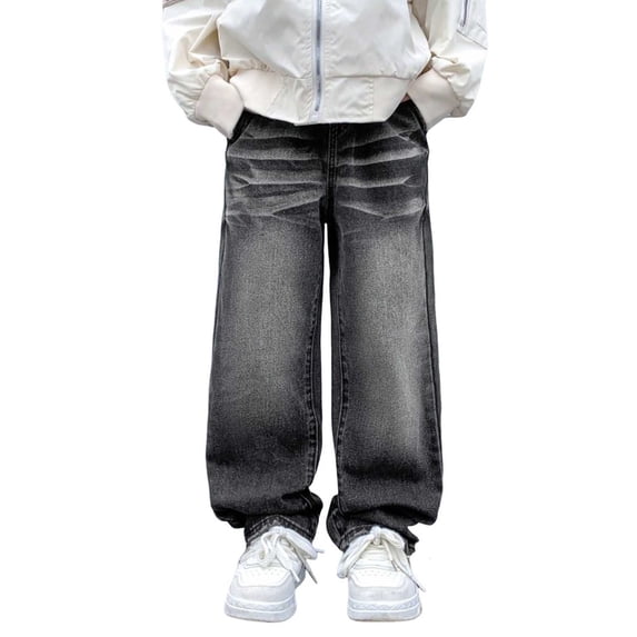 Gytharion 7T-15T Boys Washed Denim Pants Solid Color Casual Wide Leg Trousers with Pockets Fashion Straight-leg Jeans
