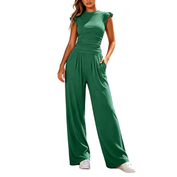 Gytharion 2 Piece Casual Outfits for Women Ruffled Short Sleeve Tops and High Waist Pleated Wide Leg Pants Summer Soild Color Sets