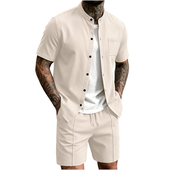 Gytharion 2 Piece Fashin Walffe Outfits for Men Stand Collar Short Sleeve Shirt with Drawstring Elastic Waist Shorts Sets Soild Color Casual Outfits