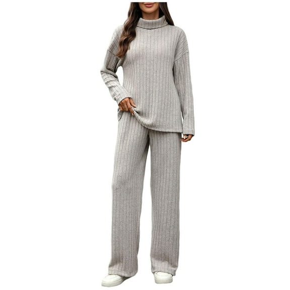 Gytharion 2 Piece Lounge Sets for Women Ribbed Knit Long Sleeve Turtleneck Blouses with Long Pants Fall Outfits Sets Loose Cozy Pajamas Sets for Daily Wear