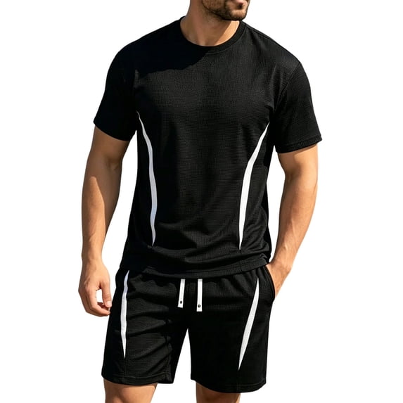 Gytharion 2 Piece Summer Outfits for Men Soild Color Crew Neck Tees and Pocketed Drawstring Shorts Sets Fashion Casual Outfits