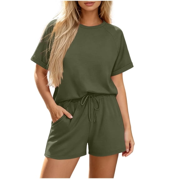 Gytharion 2 Piece Women's Summer Casual Outfits Soild Color Breathable Sets Round Neck Short Sleeve Tees with Drawstring Shorts