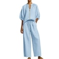 thumbnail image 1 of Gytharion 2 Piece Women's Summer Cotton Linen Outfits Fashion Soild Color Sets Crewneck Zippered Puffed Sleeve Tops with Drawstring Wide Leg Pants, 1 of 5