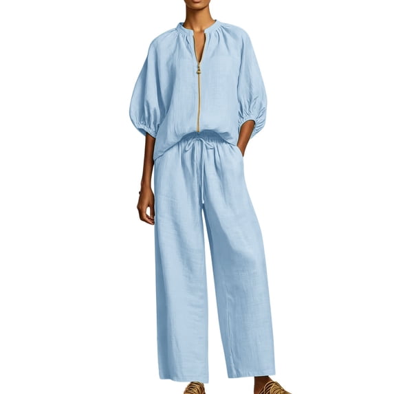Gytharion 2 Piece Women's Summer Cotton Linen Outfits Fashion Soild Color Sets Crewneck Zippered Puffed Sleeve Tops with Drawstring Wide Leg Pants