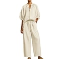 thumbnail image 1 of Gytharion 2 Piece Women's Summer Cotton Linen Outfits Fashion Soild Color Sets Crewneck Zippered Puffed Sleeve Tops with Drawstring Wide Leg Pants, 1 of 5