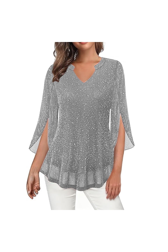 3/4 Sleeve Shirts for Women Plus Size Elegant Sparkly Mesh V-Neck Pullover Top Stylish Flowy Split Sleeve Dressy Blouses for Evening Party