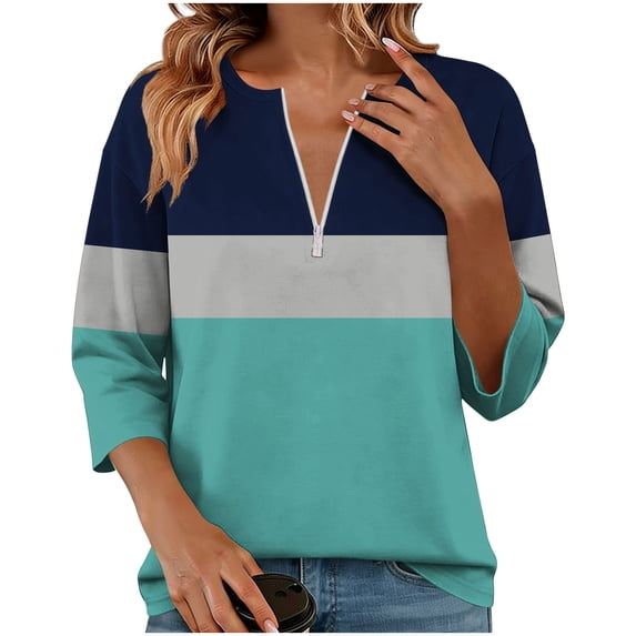 Gytharion 3/4 Sleeve T-Shirts for Women Fashion Casual Striped Printed Pullover Tops Summer Loose Comfy Half-Zip Crew Neck Blouses