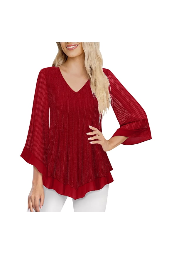 3/4 Sleeve Tops for Women Elegant Sparkly Mesh Double Layer Pullover Shirt Flowy Glitter Sequin Dressy Tops Trendy Solid V-Neck Blouses for Evening Wedding Prom Party