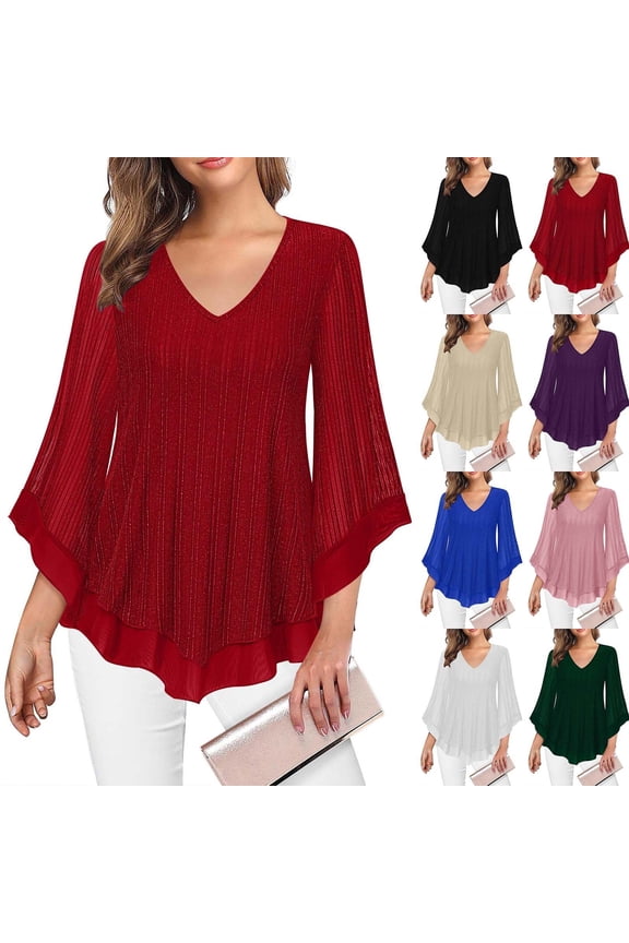 3/4 Sleeve Tops for Women Elegant Sparkly Mesh Double Layer Pullover Shirt Flowy Glitter Sequin Dressy Tops Trendy Solid V-Neck Blouses for Evening Wedding Prom Party