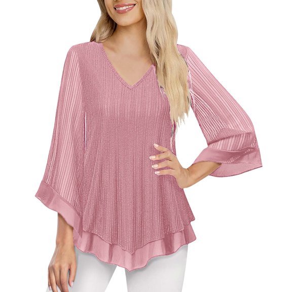 Gytharion 3/4 Sleeve Tops for Women Elegant Sparkly Mesh Double Layer Pullover Shirt Flowy Glitter Sequin Dressy Tops Trendy Solid V-Neck Blouses for Evening Wedding Prom Party