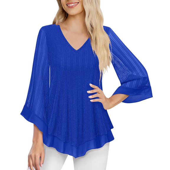 Gytharion 3/4 Sleeve Tops for Women Elegant Sparkly Mesh Double Layer Pullover Shirt Flowy Glitter Sequin Dressy Tops Trendy Solid V-Neck Blouses for Evening Wedding Prom Party