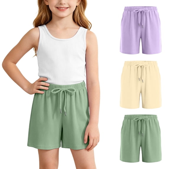 Gytharion 3 Piece Girls Shorts Kids Solid Color Soft Ice Silk Shorts Drawstring Casual Loose Sports Shorts,3T-14T