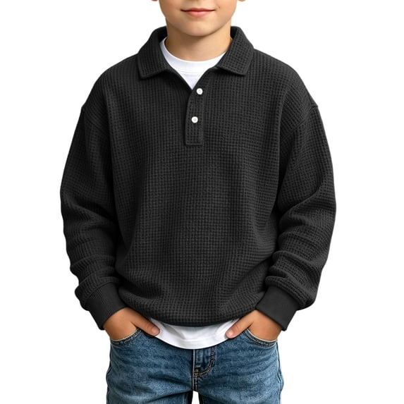 Gytharion Boys Lapel Sweatshirts Solid Color Buttoned Pullover Tops Fall and Winter Waffle Casual Warm Long Sleeve Tops,3T-14T