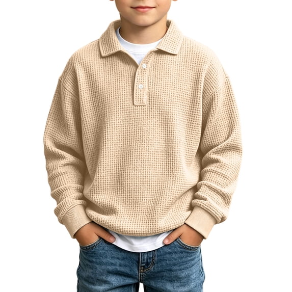 Gytharion Boys Lapel Sweatshirts Solid Color Buttoned Pullover Tops Fall and Winter Waffle Casual Warm Long Sleeve Tops,3T-14T