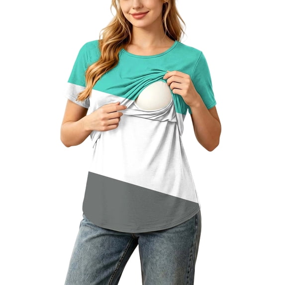 Gytharion Breastfeeding Pregnancy T-shirts for Women Crewneck Short Sleeve Maternity Blouse Color-bloking Comfortable Nursing Tops