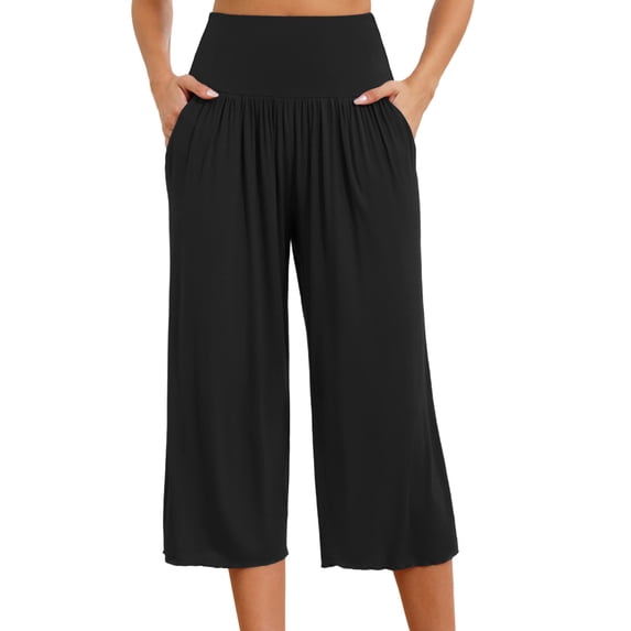 Gytharion Capri Yoga Pants for Women Soft Comfy Modal Pjs Bottoms Solid Casual Pleat Elastic High Waist Cropped Lounge Pants Lightweight Loose Wide Leg Sport Pajama Capris with Pockets