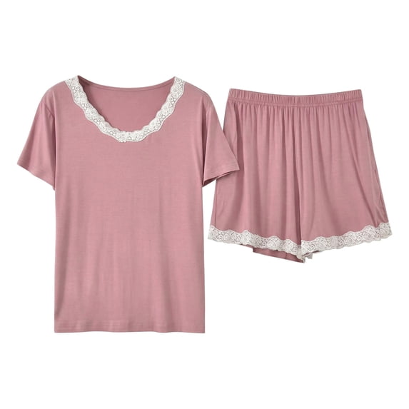 Gytharion Casual Pajamas Sets for Women Lace Crewneck T-shirts and Elastic Waist Shorts 2 Piece Loose Soild Color Sleep Sets