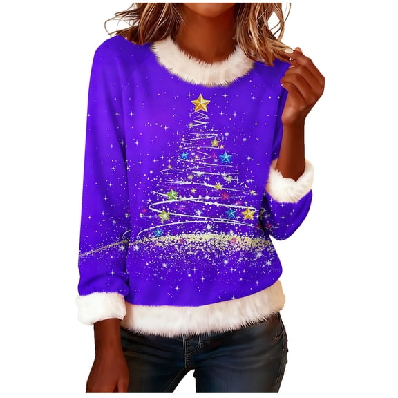 Gytharion Christmas Fuzzy Tops for Women Winter Fleece Warm Pullover Shirts Soft Comfy Plush Loungewear Tops Long Sleeve Xmas Tree Print Crew Neck Blouses