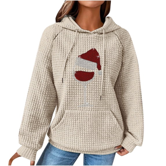 Gytharion Christmas Sweatshirts for Women Winter Christmas Wine Glass Graphic Pullover Hoodie Funny Casual Waffle Long Sleeved Rhinestones Xmas Hooded Sweatshirt
