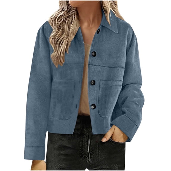 Gytharion Cropped Faux Suede Jackets for Women Lightweight Casual Button Down Lapel Coat Fashion Solid Long Sleeve Shacket Jacket Loose Comfy Winter Outerwear with Pockets