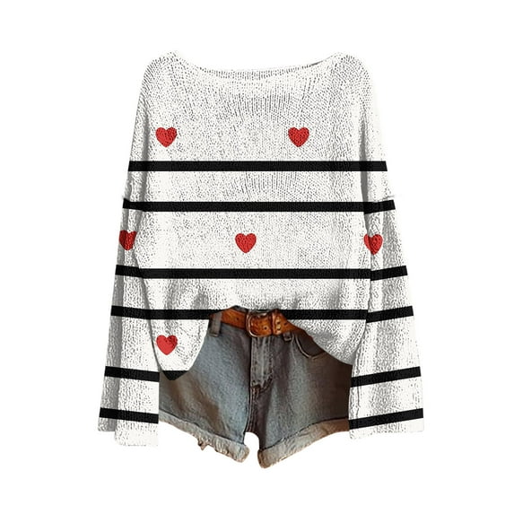Gytharion Cute Heart Print Sweaters for Women Long Sleeve Crew Neck Knitted Blouses Fashion Casual Pullover Tops Loose Comfy Valentine's Day Shirts for Girlfriends