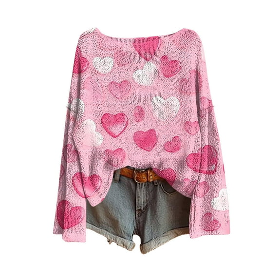 Gytharion Cute Heart Print Sweaters for Women Long Sleeve Crew Neck Knitted Blouses Fashion Casual Pullover Tops Loose Comfy Valentine's Day Shirts for Girlfriends