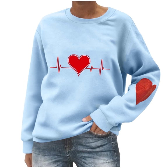 Gytharion Cute Heart Print Sweatshirts for Women Loose Casual Valentine's Day Pullover Shirts Trendy Long Sleeve Crew Neck Blouses Ladies Soft Cozy Valentines Tops