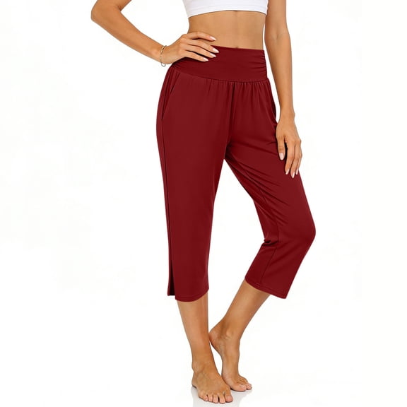 Gytharion Dressy Capri Pants for Women Stretch Pleat High Waist Lounge Capris Fashionable Solid Casual Side Split Straight-Leg Cropped Pants with Pockets