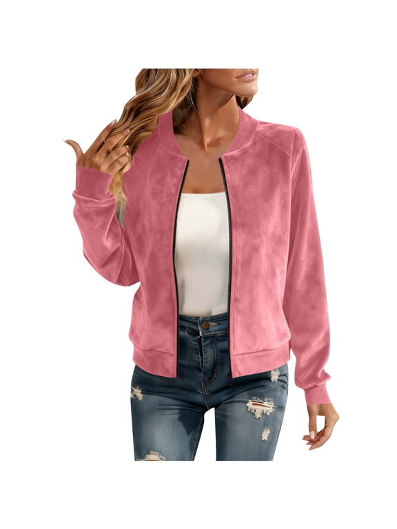 Fall Jackets for Women Lightweight Comfy Full Zip Up Windbreaker Outerwear Fashion Solid Casual Long Sleeve Crew Neck Baseball Coat with Pockets