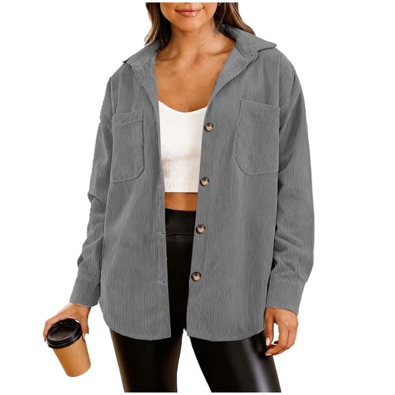 Gytharion Fall Shacket Jackets for Women Long Slleve Button Down Corduroy Jacket Fashion Solid Casual Lapel Shirt Coat Lightweight Comfy Cardigan Outwear with Pockets