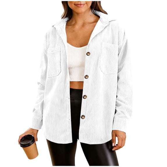 Gytharion Fall Shacket Jackets for Women Long Slleve Button Down Corduroy Jacket Fashion Solid Casual Lapel Shirt Coat Lightweight Comfy Cardigan Outwear with Pockets