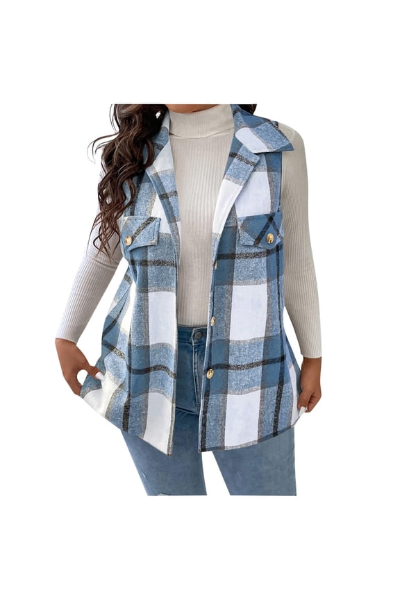 Fall Vest for Women Plus Size Sleeveless Plaid Print Coat Button Down Lapel Vest Jacket Lightweight Casual Outerwear Loose Comfy Winter Waistcoat with Pockets