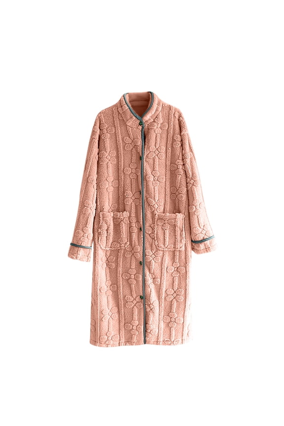 Flannel Nightgowns for Women Fuzzy Fleece Warm Winter Sleepwear Soft Cozy Button Down Crew Neck Nightdress Cute Solid Long Sleeve Mid Length Plush Sleepwear with Pockets