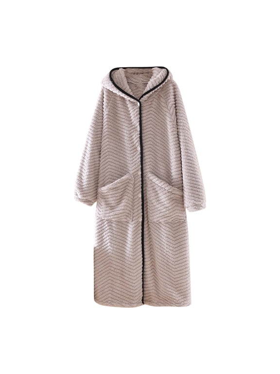 Flannel Nightgowns for Women Winter Fuzzy Fleece Hooded Robe Long Sleeve Button Down Bathrobe Soft Cozy Plush Warm Housecoat with Pockets