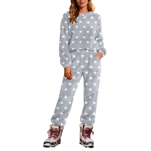 Gytharion Flannel Pajama Sets for Women Winter Soft Cozy Plush Thermal Sleepwear Outfits Cute Star Print Crew Neck Fuzzy Top and Pants Loungewear Sets 2 Piece Pj Sets with Pockets