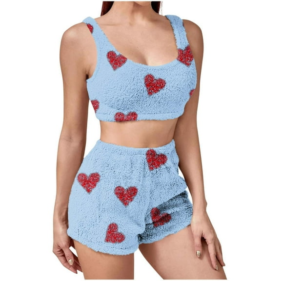 Gytharion Flannel Pajamas Set for Women Cute Heart Print Fleece Warm Cropped Pj Tank Top and Shorts 2 Piece Loungewear Set Winter Soft Cozy Fuzzy Thermal Sleepwear Set