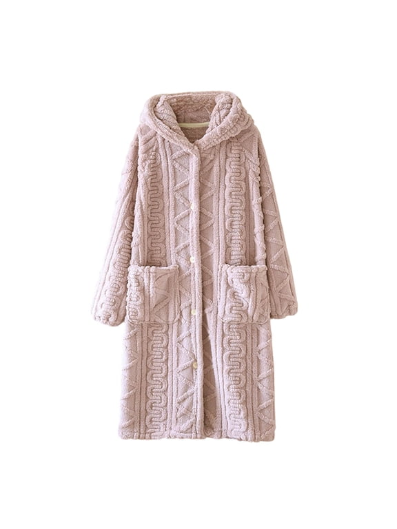 Fleece Nightgowns for Women Winter Soft Cozy Fuzzy Hooded Robes Long Sleeve Button Down Plush Bathrobes Solid Loose Warm Housecoat with Pockets