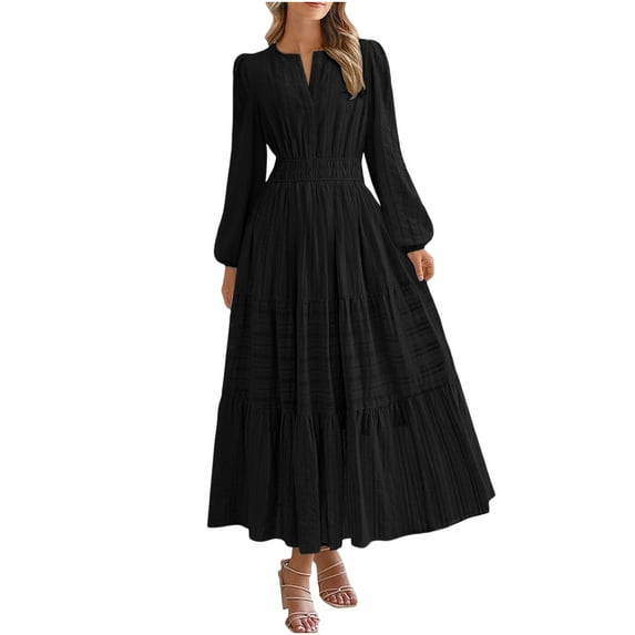 Gytharion Flowy Dresses for Women Fashion Casual Long Sleeve Notched Long Dress Lightweight Loose A-line Ruffled Swing Boho Maxi Dresses