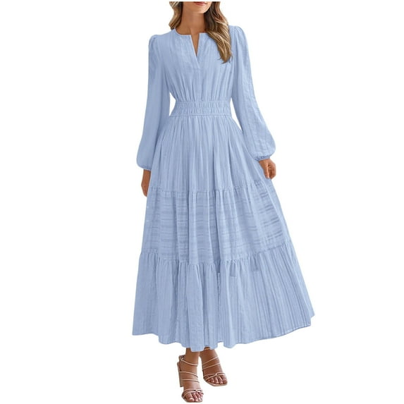 Gytharion Flowy Dresses for Women Fashion Casual Long Sleeve Notched Long Dress Lightweight Loose A-line Ruffled Swing Boho Maxi Dresses