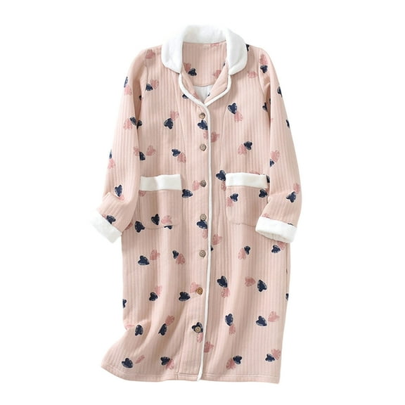 Gytharion Fuzzy Fleece Nightgowns for Women Soft Comfy Button Down Long Bathrobe Winter Plush Warm Lapel Sleepshirt Cute Heart Print Long Sleeve Loungewear with Pockets