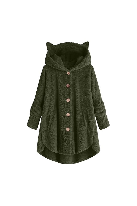 Fuzzy Fleece Pajamas Coat for Women Soft Cozy Button Down Hooded Jacket Solid Casual Plush Thermal Winter Coat Plus Size Cute Teddy Bear Lounge Outerwear with Pockets