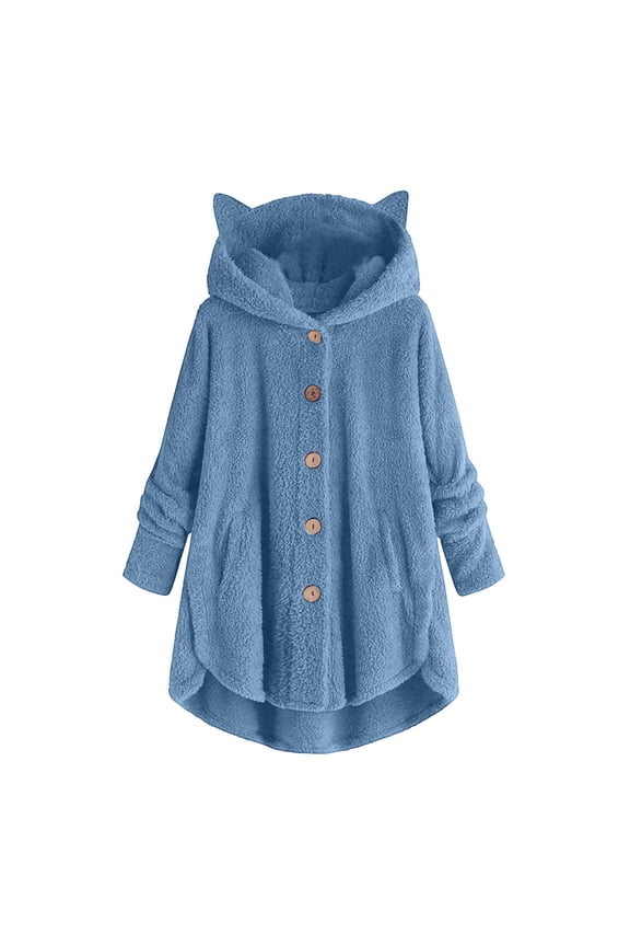 Fuzzy Fleece Pajamas Coat for Women Soft Cozy Button Down Hooded Jacket Solid Casual Plush Thermal Winter Coat Plus Size Cute Teddy Bear Lounge Outerwear with Pockets