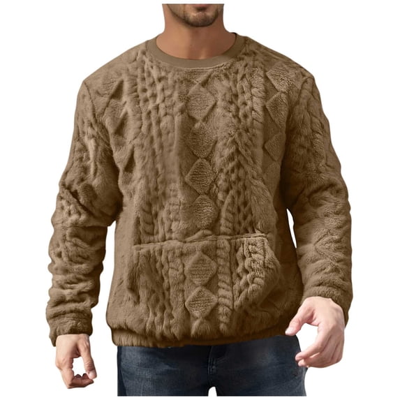 Gytharion Fuzzy Fleece Winter Tops for Men Soft Cozy Long Sleeve Plush Warm Sweatshirt Fashion Solid Casual Crew Neck Pullover Shirt with Pocket