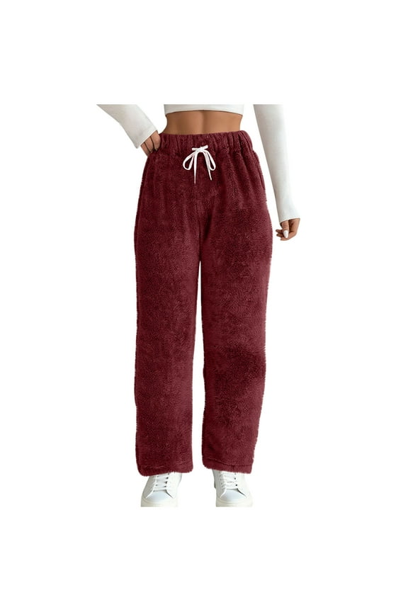 Fuzzy Lounge Pants for Women Soft Cozy Elastic Waist Drawstring Warm Furry Pants Fall Winter Fleece Thermal Pajama Pants with Pockets