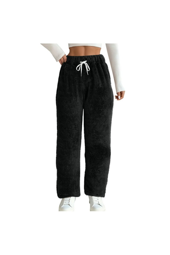 Fuzzy Lounge Pants for Women Soft Cozy Elastic Waist Drawstring Warm Furry Pants Fall Winter Fleece Thermal Pajama Pants with Pockets