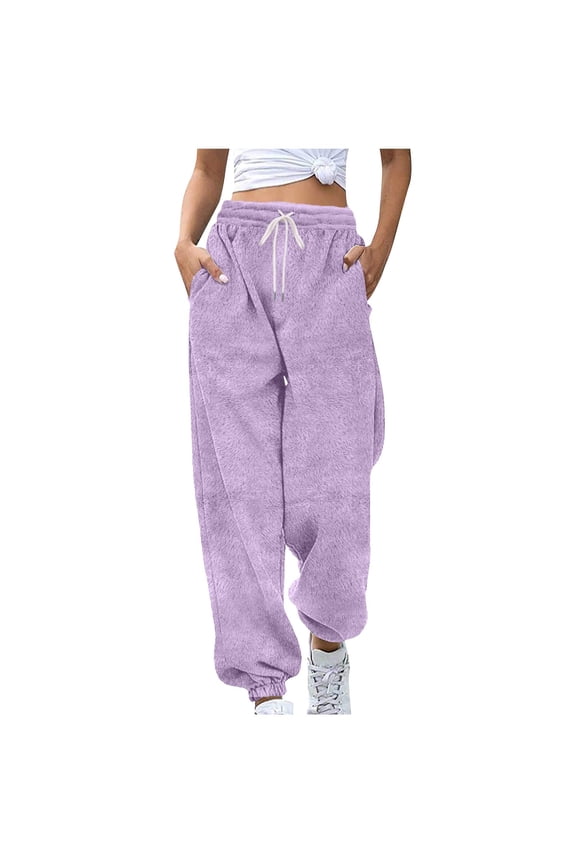 Fuzzy Pajama Pants for Women Soft Cozy Elastic Waist Drawstring Plush Warm Pj Bottoms Solid Cuffed Ankle Furry Loungewear Pants Winter Fleece Thermal Sleep Pants with Pockets