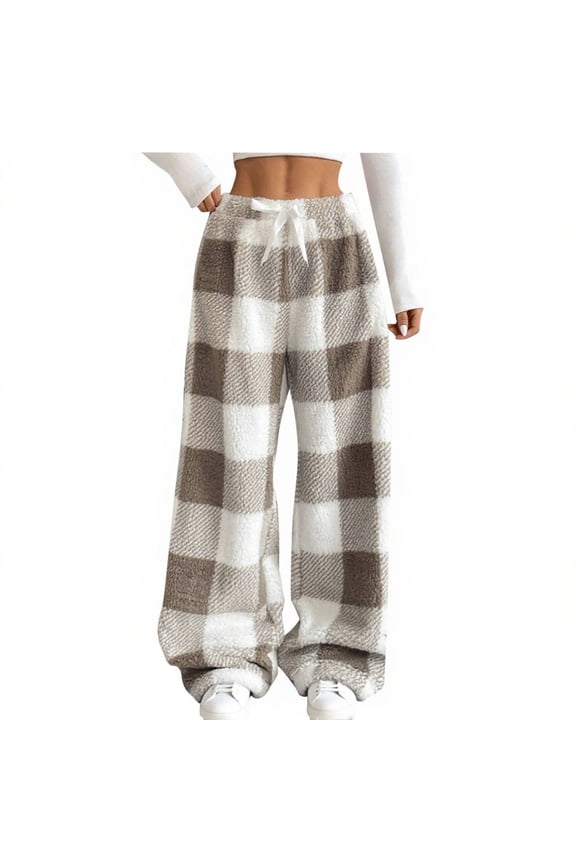 Fuzzy Pajama Pants for Women Winter Fleece Warm Pj Pants with Pockets Cute Plaid Printed Drawstring Elastic Waisted Furry Lounge Pants