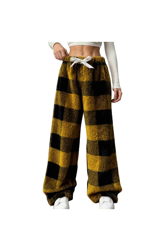 Fuzzy Pajama Pants for Women Winter Fleece Warm Pj Pants with Pockets Cute Plaid Printed Drawstring Elastic Waisted Furry Lounge Pants