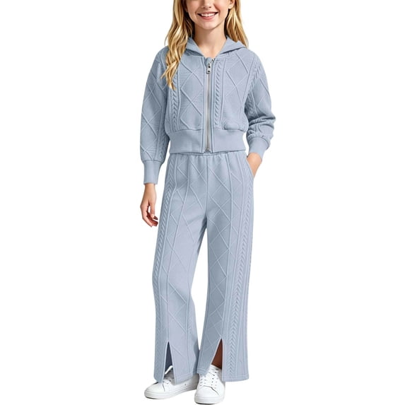 Gytharion Girls 2PC Cable Knit Sweater Sets for Fall and Winter Warm Full Zip Hooded Sweatsuits Long Sleeve Zip Up Cropped Jacketss with Elastic Waist Front Slit Flare Pants Outfits,1Y-15Y